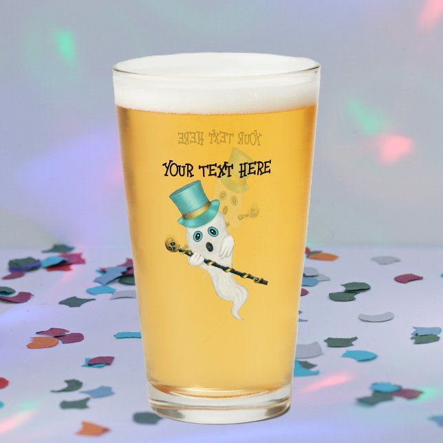 Fun Ghost Dressed Up Top Hat Black Cane Skull Glass (Fun Ghost blue top hat holding gold skull cane on drinking glass for Halloween.)