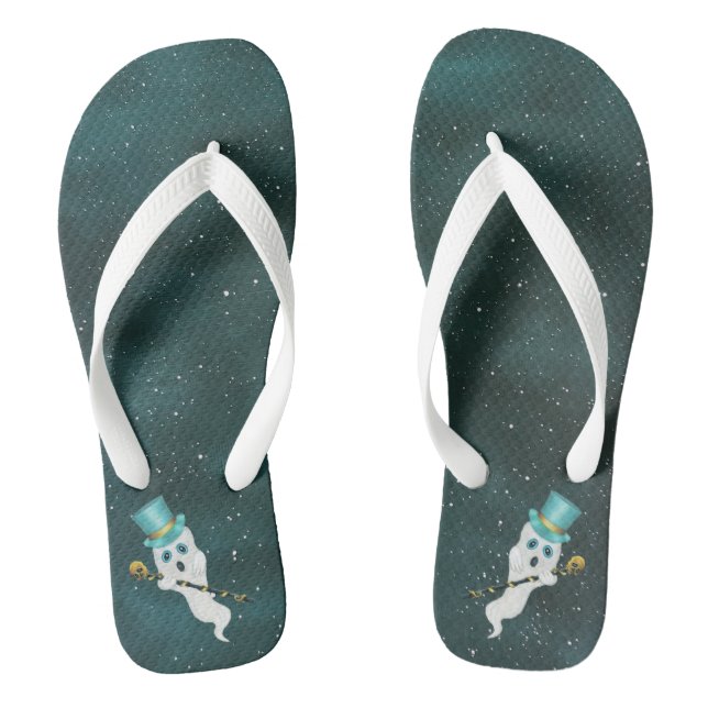 Fun Ghosts Floating in Galaxy Sky With Top Hats  Jandals (Footbed)