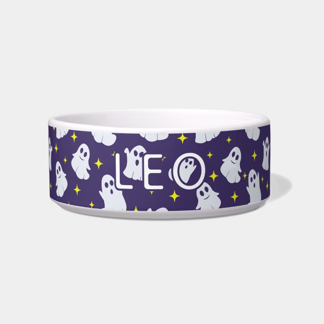 Fun Ghosts Pattern Purple Halloween Feeding Cat Bowl (Front)