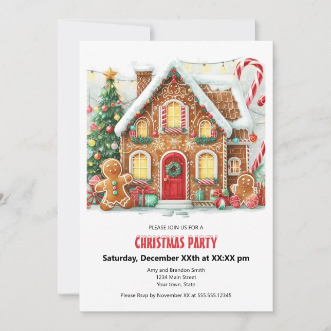 Fun Gingerbread House Christmas Party  Holiday Card (Front)