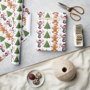 Fun Gingerbread Man Reindeer Christmas Tree Wrapping Paper