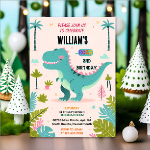 fun girl kids cute boys T three 3 rex 3rd birthday Invitation