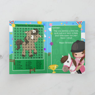 Fun Girls Equestrian Word Search Happy Birthday Card
