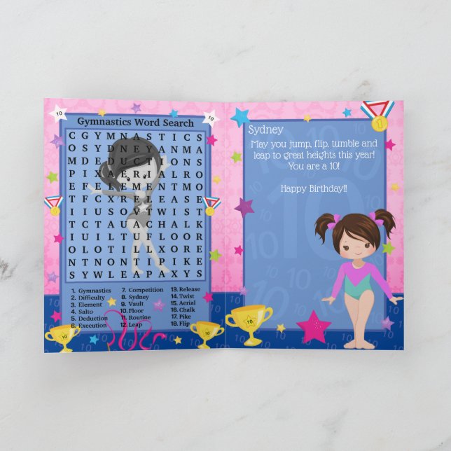 Fun Girls Gymnastics Word Search Happy Birthday Card (Inside)