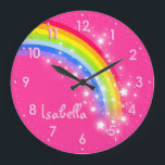 Fun girls kids rainbow name pink clock<br><div class="desc">Colourful kids girls pink and rainbow hues graphic wall clock. Customise with the name of your choice,  this example reads Isabella. Would be a great personalised addition to your child's bedroom. © Art and design by Sarah Trett www.sarahtrett.com for www.mylittleeden.com</div>