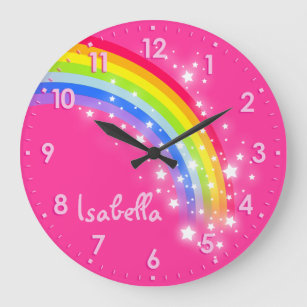 Fun girls kids rainbow name pink clock