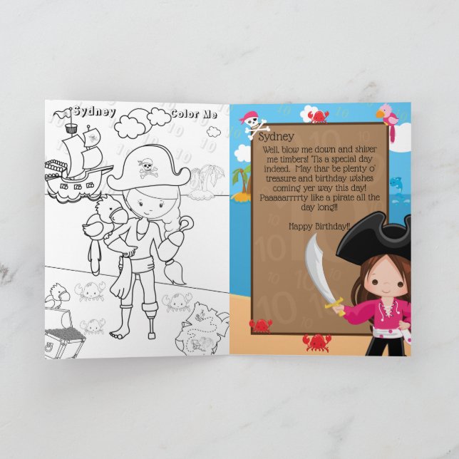 Fun Girls Pirate Captain Colour Me Happy Birthday Card (Inside)