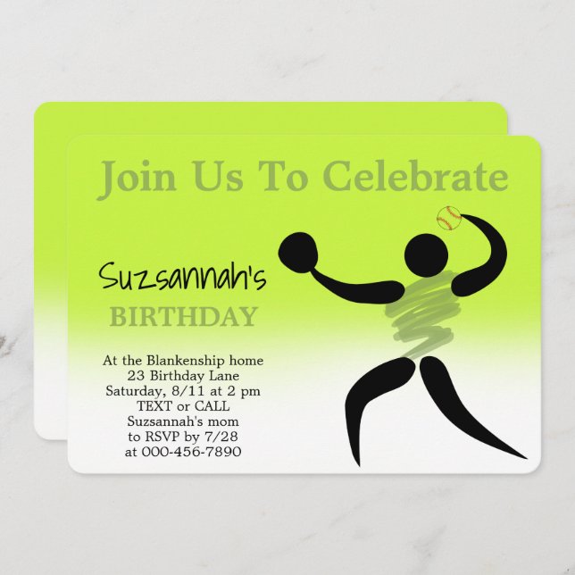 Fun Girls Softball Custom Birthday Party Invitatio Invitation (Front/Back)