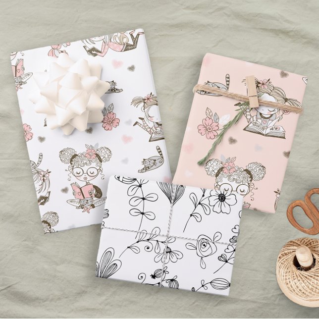 Fun Girly Books Pink Black Reading Floral  Wrapping Paper Sheet (Creator Uploaded)
