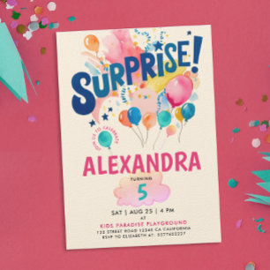 Fun Girly Colourful Surprise Baloon Bday Watercolo Invitation