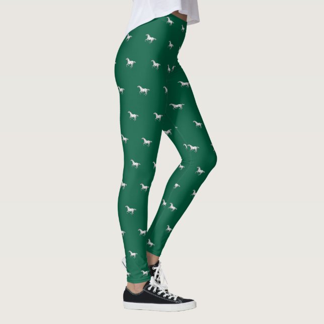 Fun Girly Hunter Green Galloping Horse Pattern Leggings (Right)
