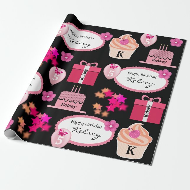 Fun & Girly Personalised Name & Age Birthday Wrapping Paper (Unrolled)