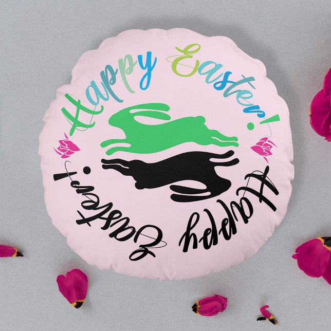 Fun Girly Pink Colourful Easter Bunnies Typography Round Cushion (Creator Uploaded)