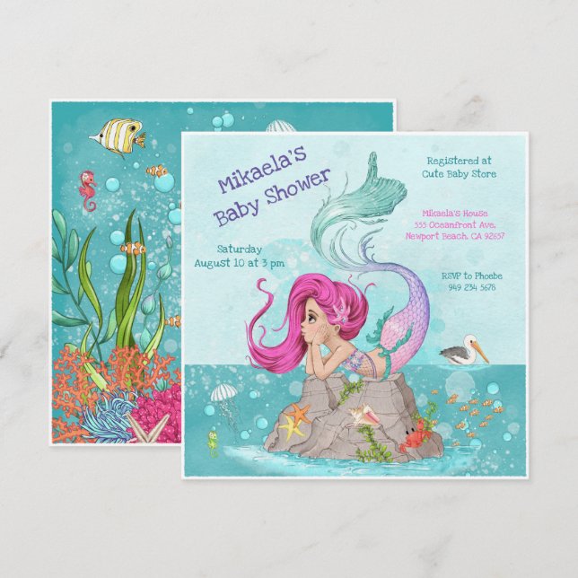 Fun Girly Pink Hair Mermaid Baby Shower Invitation (Front/Back)