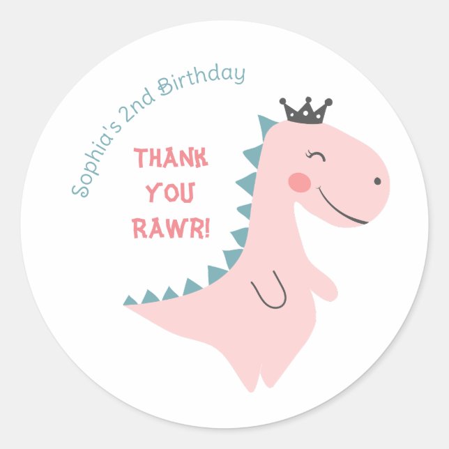 Fun Girly Pink Teal Dinosaur Birthday Thank You Classic Round Sticker (Front)