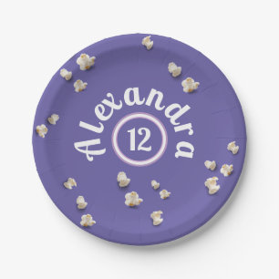 Fun Girly Purple And Pink Popcorn Birthday Party Paper Plate