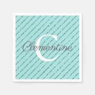 Fun Girly Teal Blue Glitter Stripes Monogram Napkin