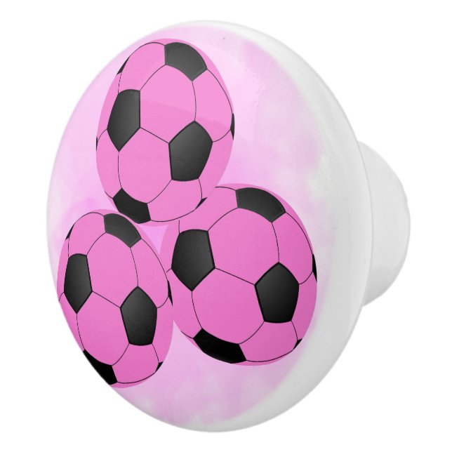 Fun Girly Three Bright Pink Black Soccer Balls Ceramic Knob (Right)