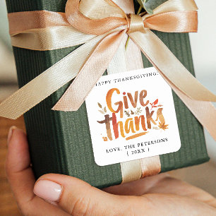 Fun Give Thanks Gratitude Fall Colours Brush Scrip Square Sticker