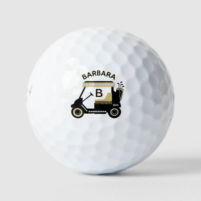 Fun Glam Glitz Name Gold Trim Diamond Golf Cart  Golf Balls (Front)