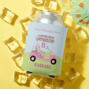 Fun Glam Golf Cart Message Monogram Name Can Cooler