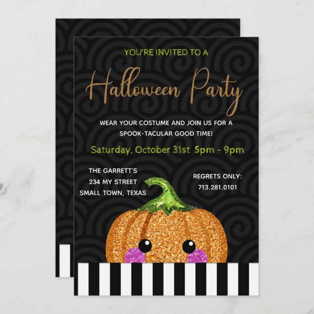 Fun Glitter Pumpkin Black Orange Halloween Invitation (Front/Back)