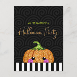Fun Glitter Pumpkin Halloween Party Invitation Postcard