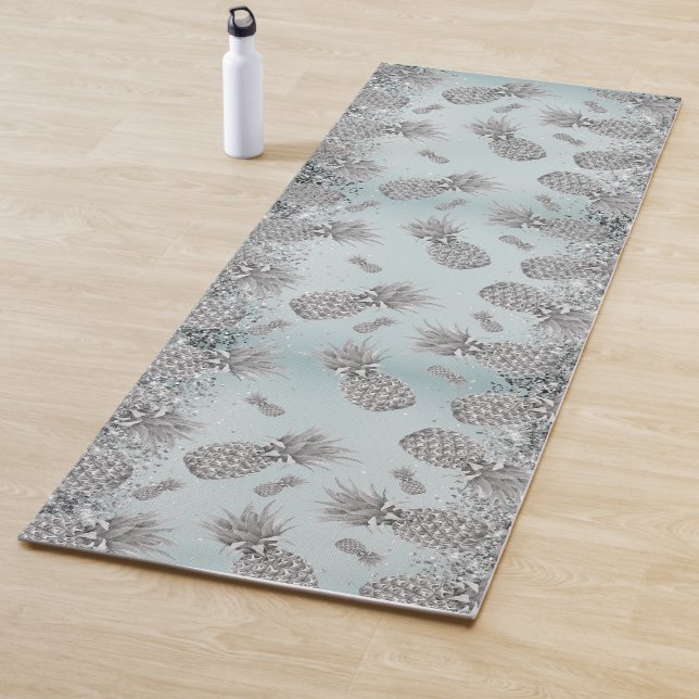 Fun Glittery Silver Pineapples   Yoga Mat (In Situ)