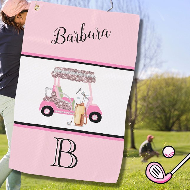 Fun Glitzy Golf Cart Monogram Name  Golf Towel (Creator Uploaded)
