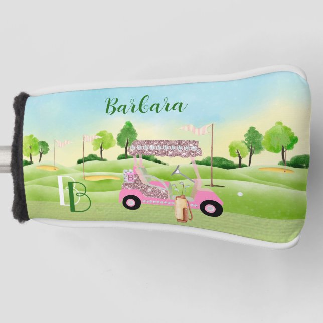 Fun Glitzy Golf Cart Monogram Name Putter  Head Cover (Front)