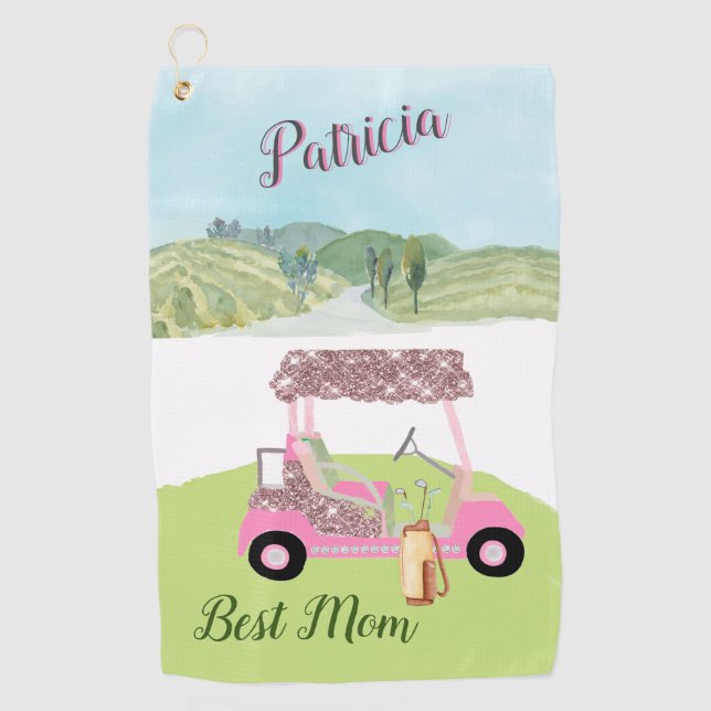 Fun Glitzy Golf Cart Scenic Personalised Two Colou Golf Towel (Front)