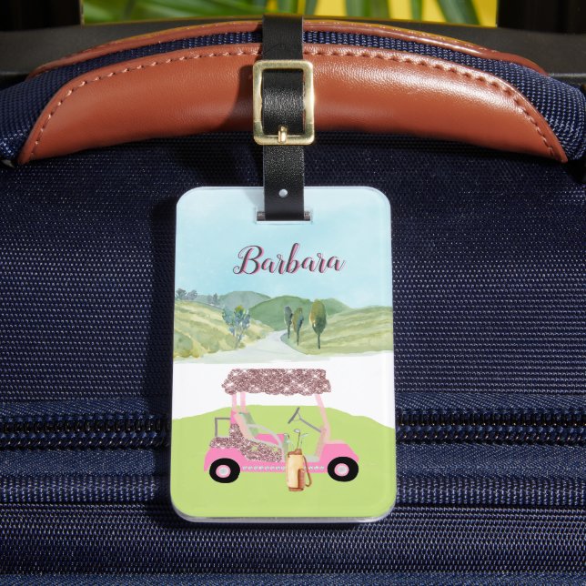 Fun Glitzy Scene Golf Player Cart Luggage Tag (Front Insitu 2)
