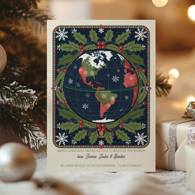 Fun Globe Latitude and Longitude Holiday Moving Announcement (Latitude and Longitude new address coordinates - holiday moving announcement cards by Darling & May)