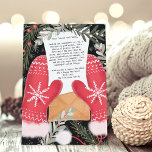 Fun gloves illustration  Christmas family 3 photos Holiday Card<br><div class="desc">Step into the magic of the season with our delightful Christmas Gloves Illustration Greetings Card. Adorned with a snowy and stars backdrop, two cheerful red gloves with white stitches and pattern cradle a heartfelt Christmas letter, radiating warmth and joy. This whimsical illustration captures the spirit of festive celebration and the...</div>