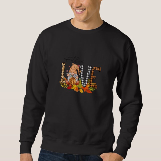 Fun Gnome Autumn Fall In Love Leaves Checked Plaid Sweatshirt (Front)