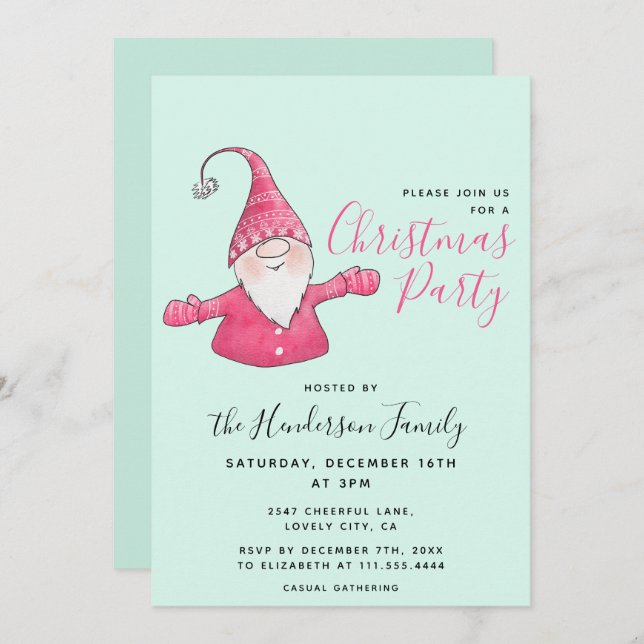Fun Gnome Custom Mint Green and Pink Christmas Invitation (Front/Back)