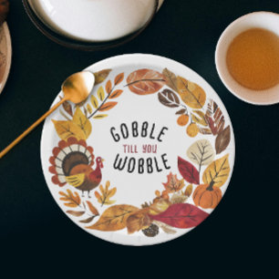Fun Gobble Till You Wobble Thanksgiving Watercolor Paper Plate