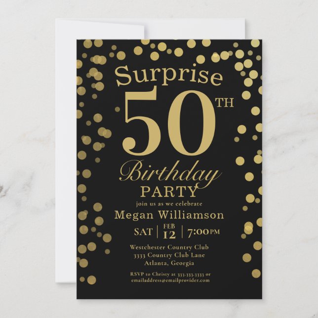 Fun Gold Black Confetti Surprise 50th Birthday Invitation (Front)