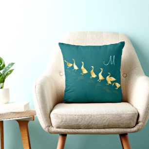 Fun Gold Foil Geese Teal Monogram Throw Pillow
