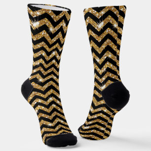 Fun Gold Glitter Look with Black ZigZag Pattern Socks