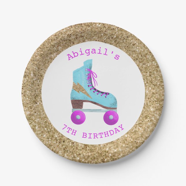 Fun Gold Glitter Roller Skating Birthday Party Paper Plate (Front)
