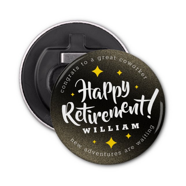 Fun Gold Glitter Stars Retirement New Adventures Bottle Opener (Front)