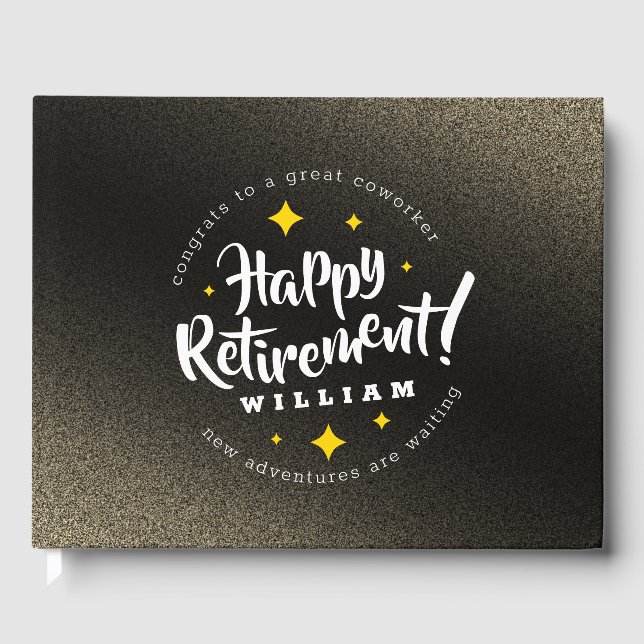 Fun Gold Glitter Stars Retirement New Adventures Guest Book (Front)