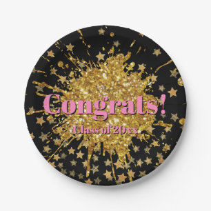 Fun gold pink sparkle glitter graffiti paint stars paper plate