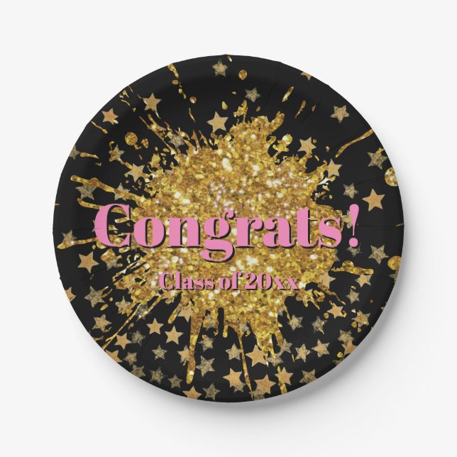 Fun gold pink sparkle glitter graffiti paint stars paper plate (Front)
