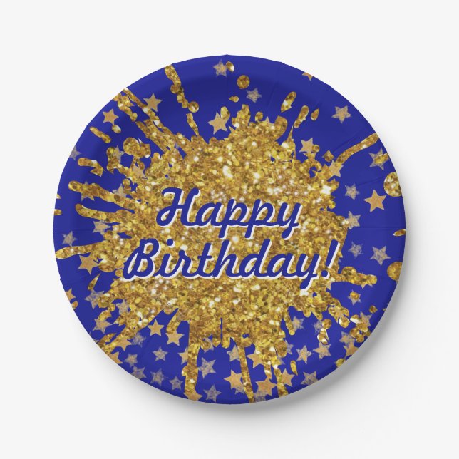 Fun gold pink sparkle glitter graffiti paint stars paper plate (Front)