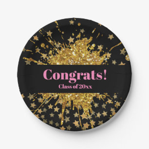 Fun gold pink sparkle glitter graffiti paint stars paper plate