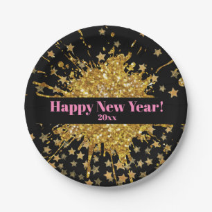 Fun gold pink sparkle glitter graffiti paint stars paper plate
