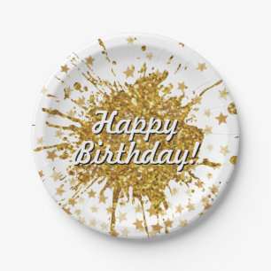 Fun gold sparkle glitter graffiti paint drip stars paper plate