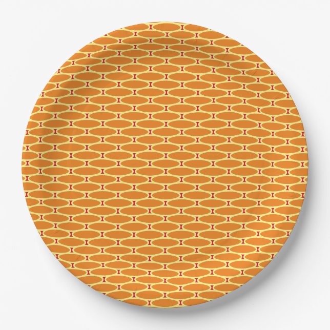 Fun Golden Orange Tiled Ovals Red Accents Pattern Paper Plate (Front)